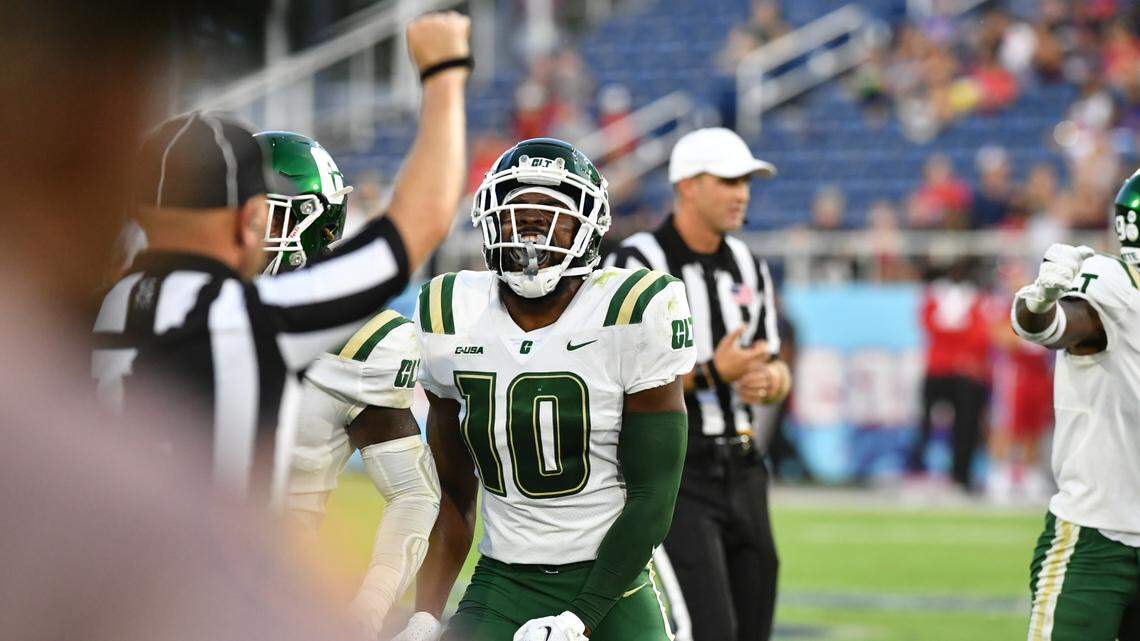Charlotte 49ers defensive back Davondre Robinson reacts after a play during a game against Florida Atlantic in Boca Raton, Florida, on Saturday, August 27, 2022. The 49ers fell to FAU, 43-13.
