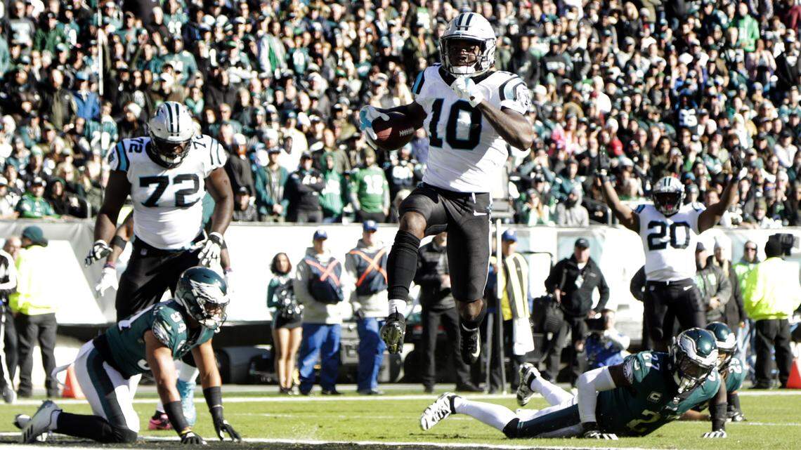 Carolina Panthers wide receiver Curtis Samuel (10) scores on a touchdown run against the Philadelphia Eagles during the second half of an NFL football game, Sunday, Oct. 21, 2018, in Philadelphia. Samuel kick-started the Panthers incredible comeback win, in which they scored 21 unanswered points in the fourth quarter. (AP Photo/Michael Perez)