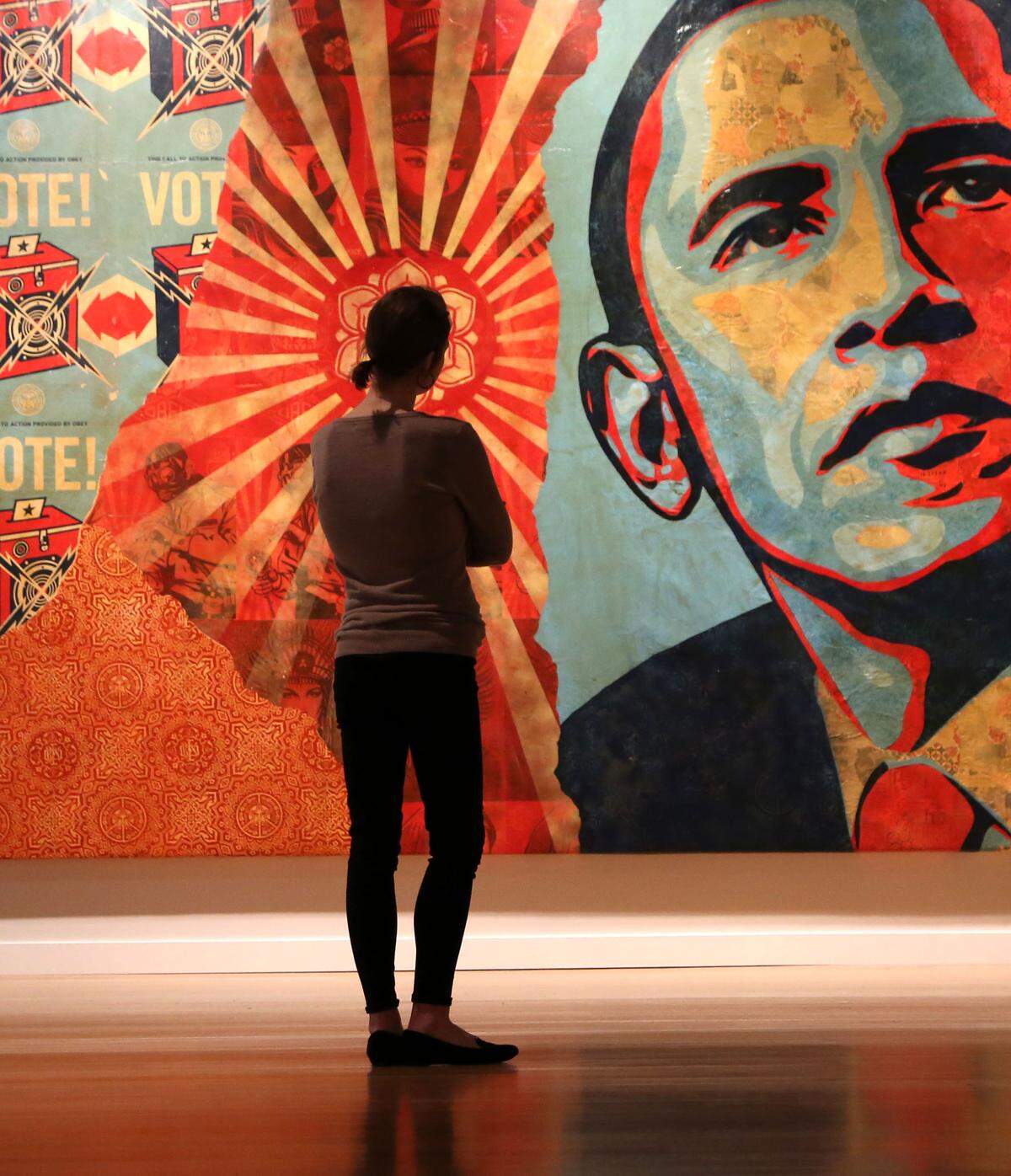 Under Construction: Collage from the Mint Museum includes DNC Mural: Obama Vote, 2008, by Shepard Fairey. It was a gift of the Heather and Tony Podesta Collection.