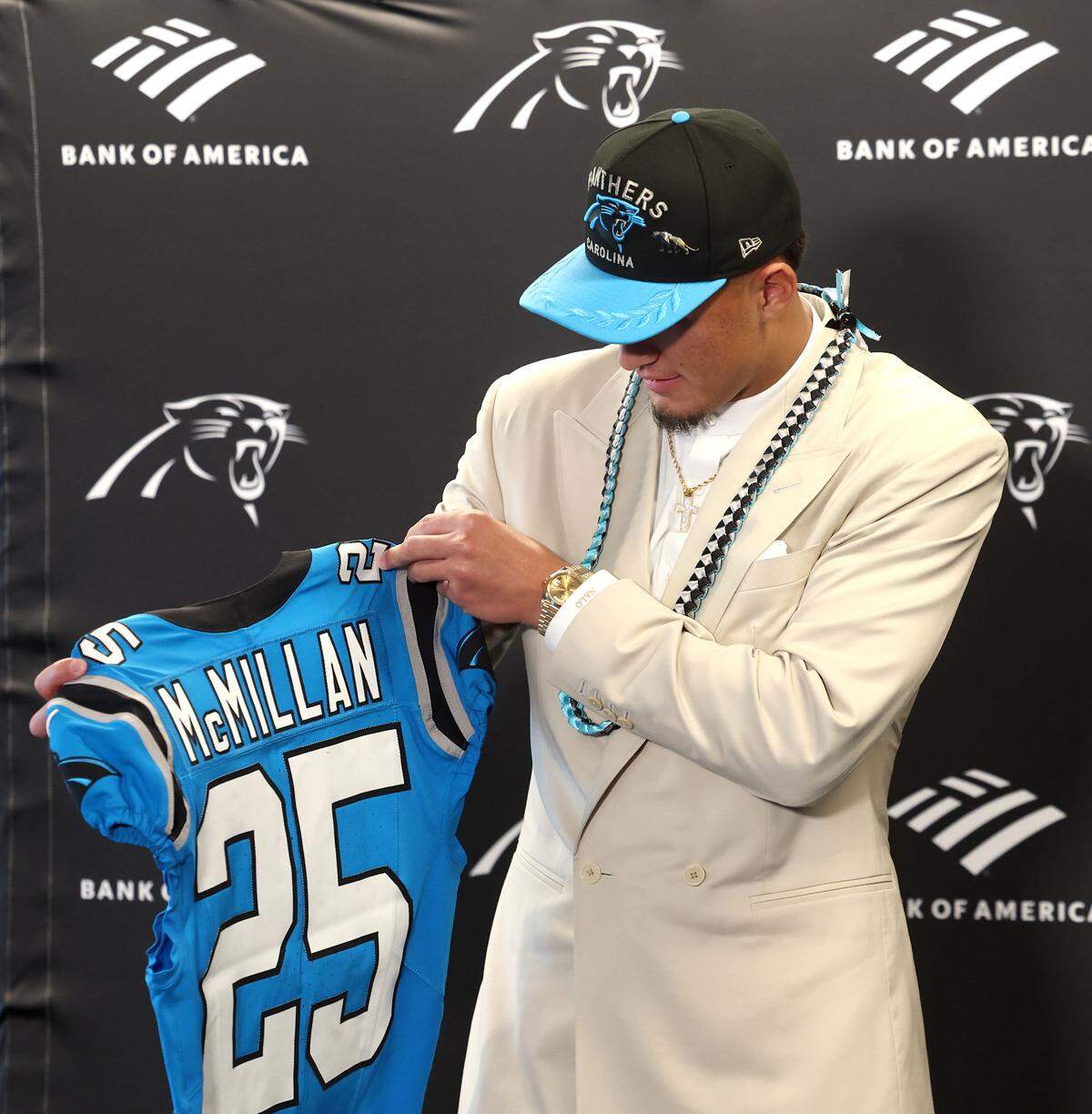 Carolina Panthers draft pick Tetairoa McMillan looks at his new jersey following a press conference at Bank of America Stadium on Friday, April 25, 2025. The Panthers selected McMillan with the eighth pick in the 2025 NFL Draft.