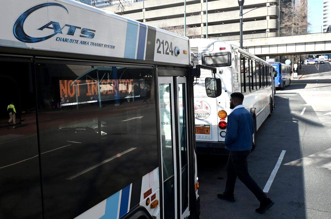 A CATS bus sits idle along E. 4th Street in uptown Charlotte, NC on Tuesday, January 10, 2023.
