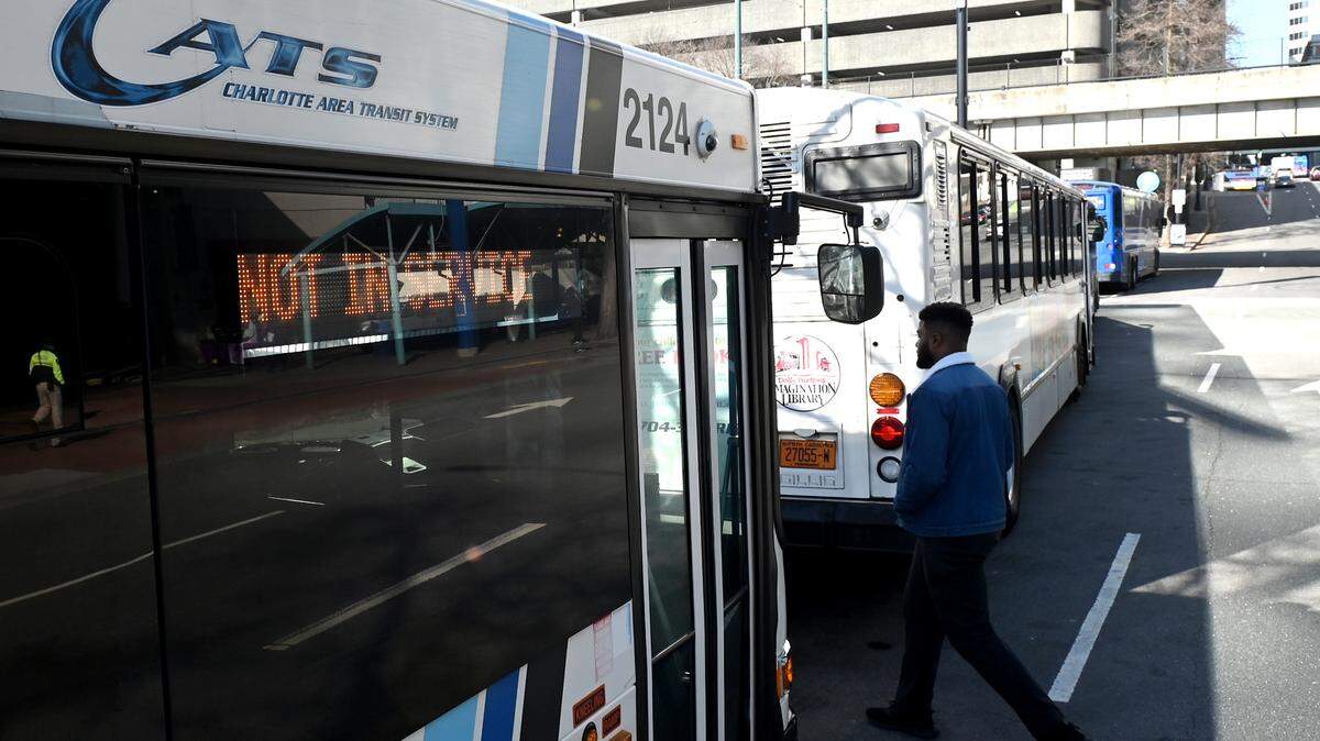 A CATS bus sits idle along E. 4th Street in uptown Charlotte, NC on Tuesday, January 10, 2023.
