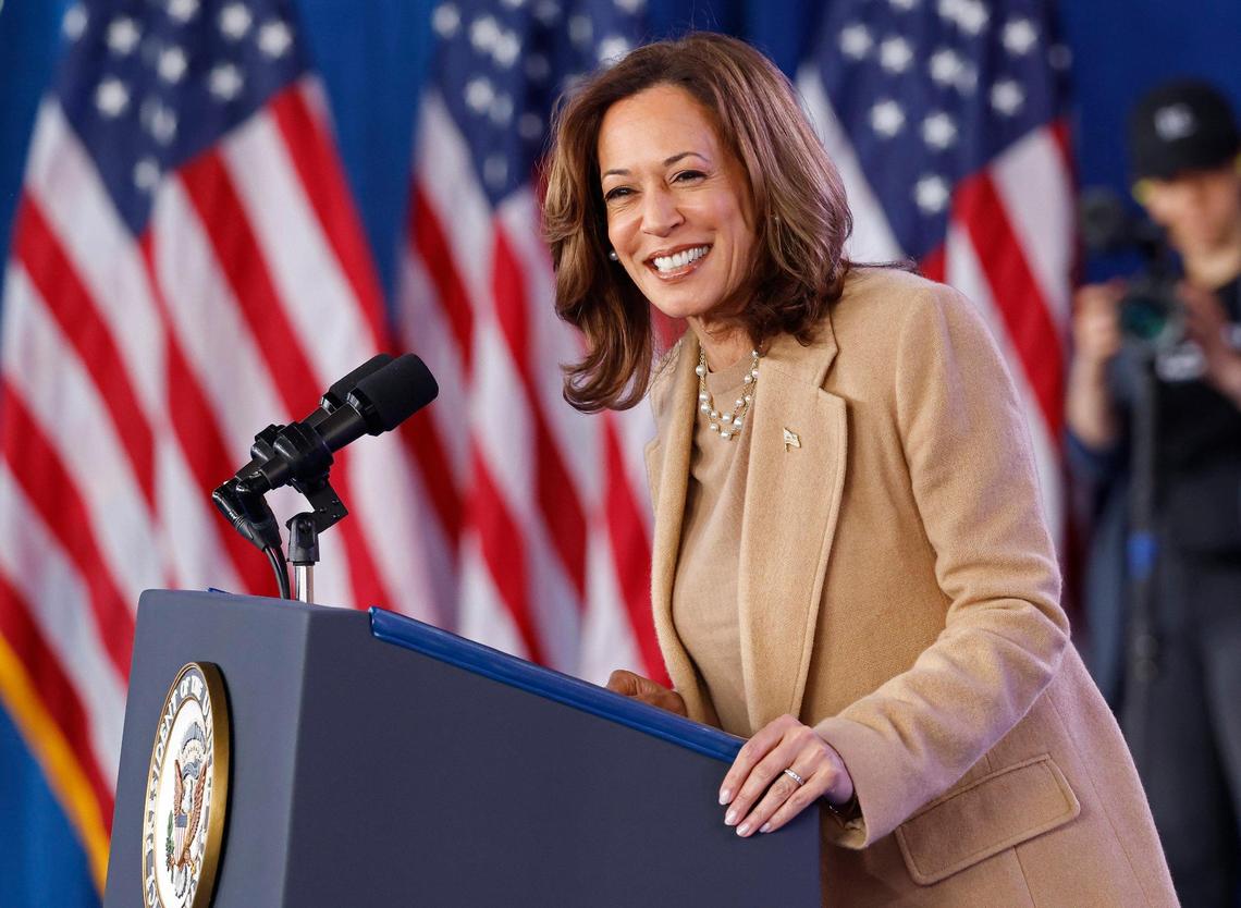 Vice President and presidential candidate Kamala Harris smiles as she speaks to supporters during a rally at PNC Music Pavilion on Saturday, November 2, 2024.