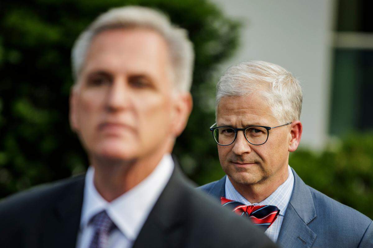 Rep. Patrick McHenry, a Republican from North Carolina, listens as Speaker of the House Kevin McCarthy speaks during a press conference in front of the West Wing at the White House on May 22, 2023 in Washington, D.C.