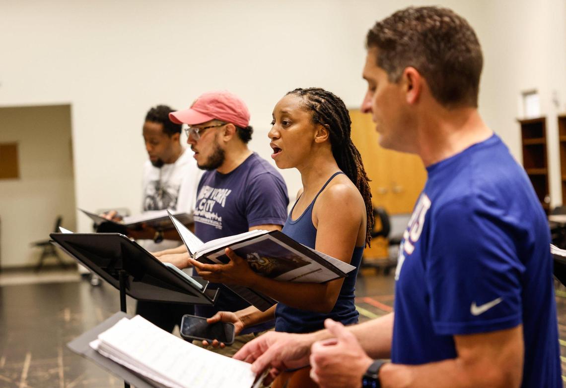 New member Kayla Ferguson, second from right, rehearses with fellow members of Charlotte Squawks at Central Piedmont Community College. This year marks the 20th anniversary of the local joke and musical comedy satire show.