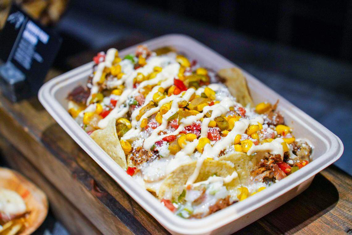 You can order loaded nachos with your choice of pulled pork or chicken at Bank of America Stadium.