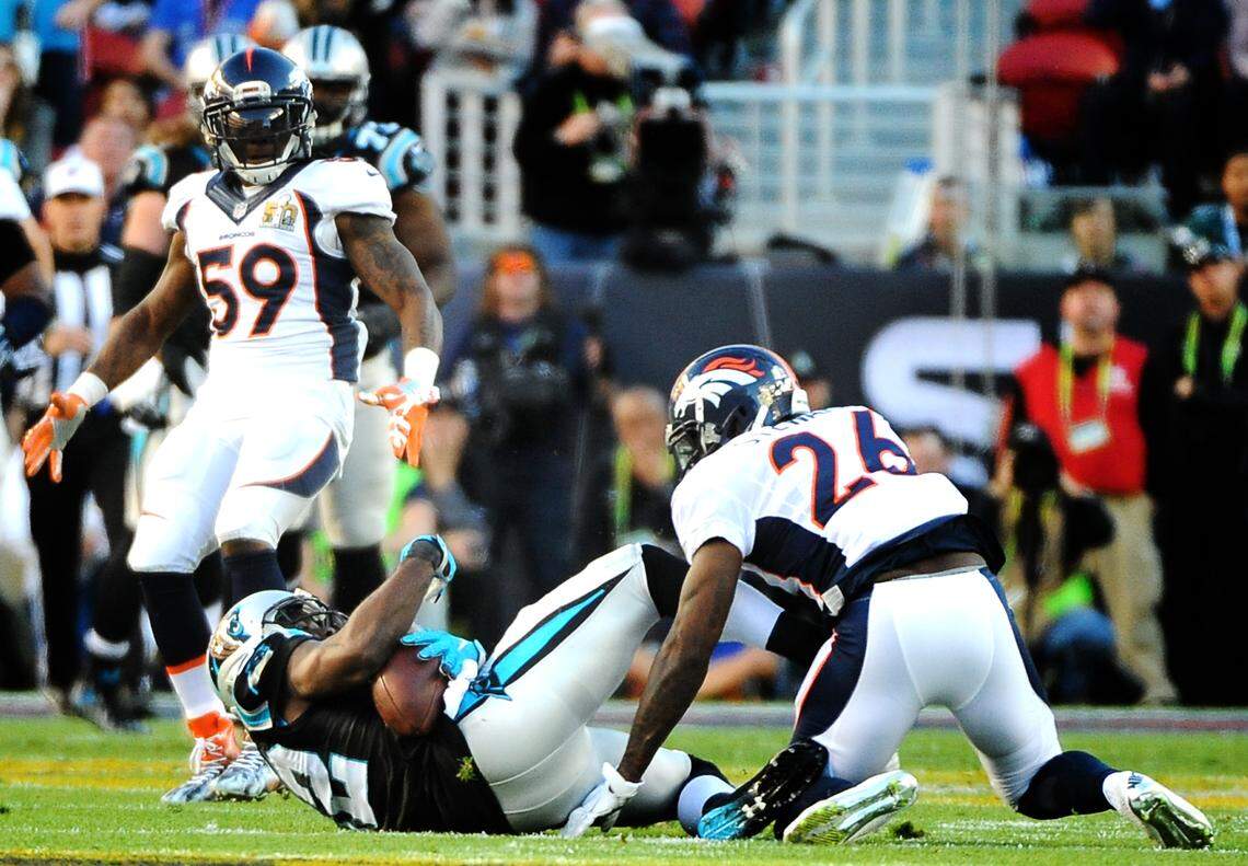 Carolina Panthers wide receiver Jerricho Cotchery tries to maintain control of the ball as he lands on the turf during the first quarter of Super Bowl 50 on Feb. 7, 2016. Cotchery bobbled the pass and it was eventually ruled incomplete, even after a Carolina replay challenge. Two plays later, the Panthers gave up a sack-fumble touchdown to Denver’s defense. The Broncos defeated the Carolina Panthers, 24-10.
