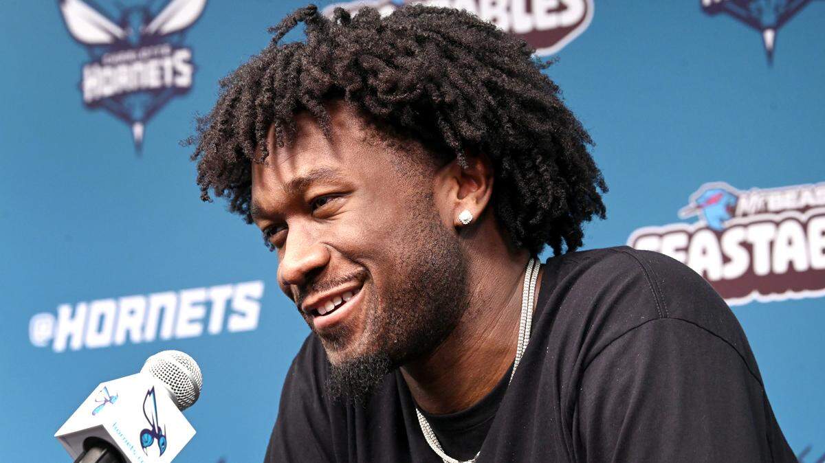 Charlotte Hornets center Mark Williams listens to a question during an interview with the local media at Spectrum Center on Monday, April 15, 2024.