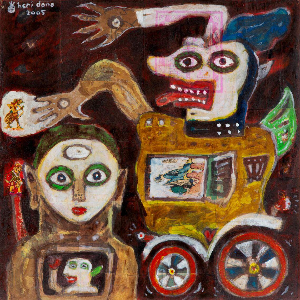 Heri Dono, A Composition with Figures and a Cart, 2005, Mixed media and collage on cardboard. This is in the Bechtler’s “Chance Encounters: Surrealism Then and Now” exhibit.