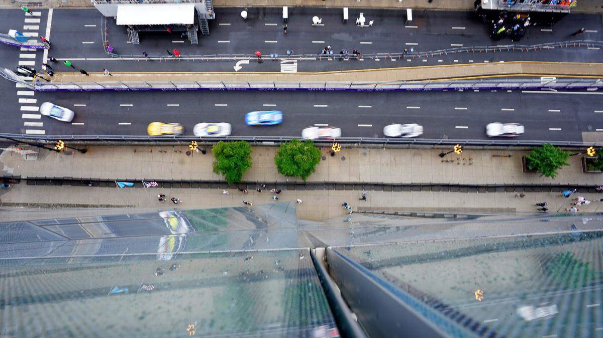 A general view as cars race along Grant Park during the Grant Park 220 of the Chicago Street Race viewed from the eRacing Association turn 7 Skydeck at Venue Six10.