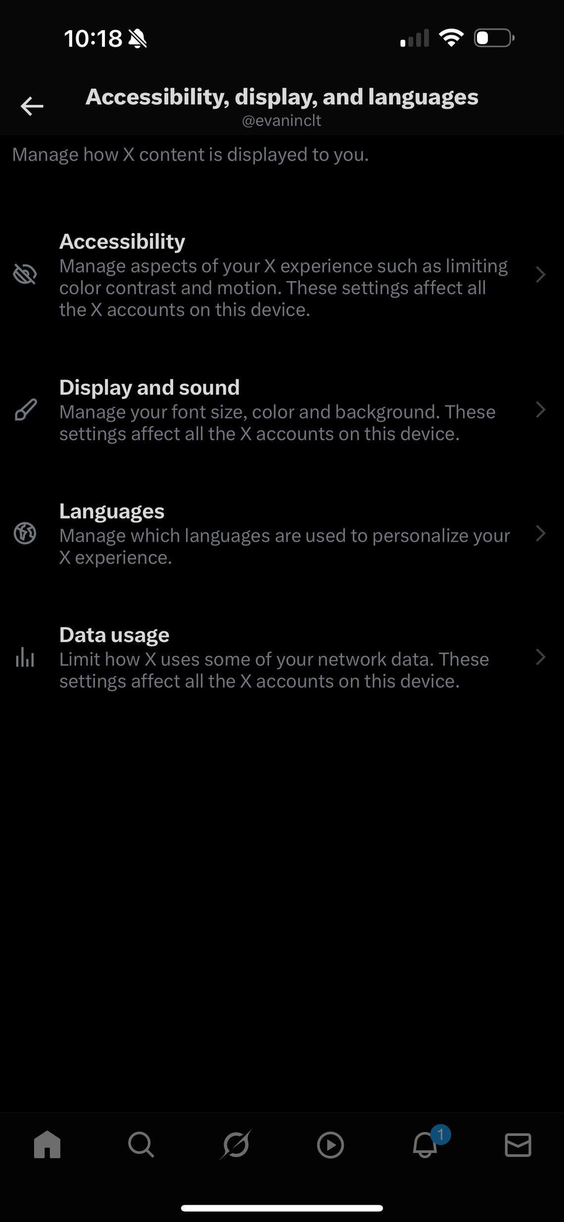 This screenshot shows the “Accessibility, display and languages” menu on the X app.