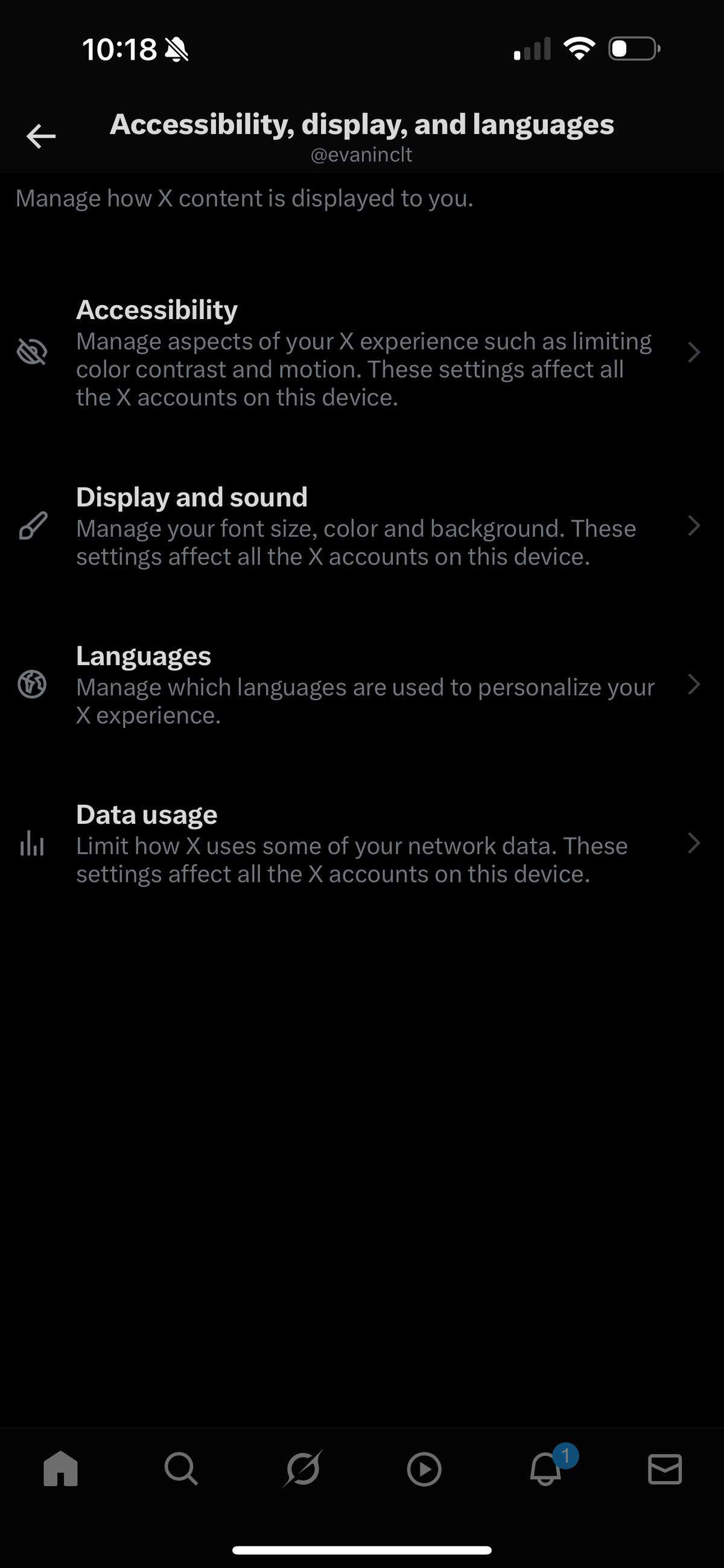 This screenshot shows the “Accessibility, display and languages” menu on the X app.