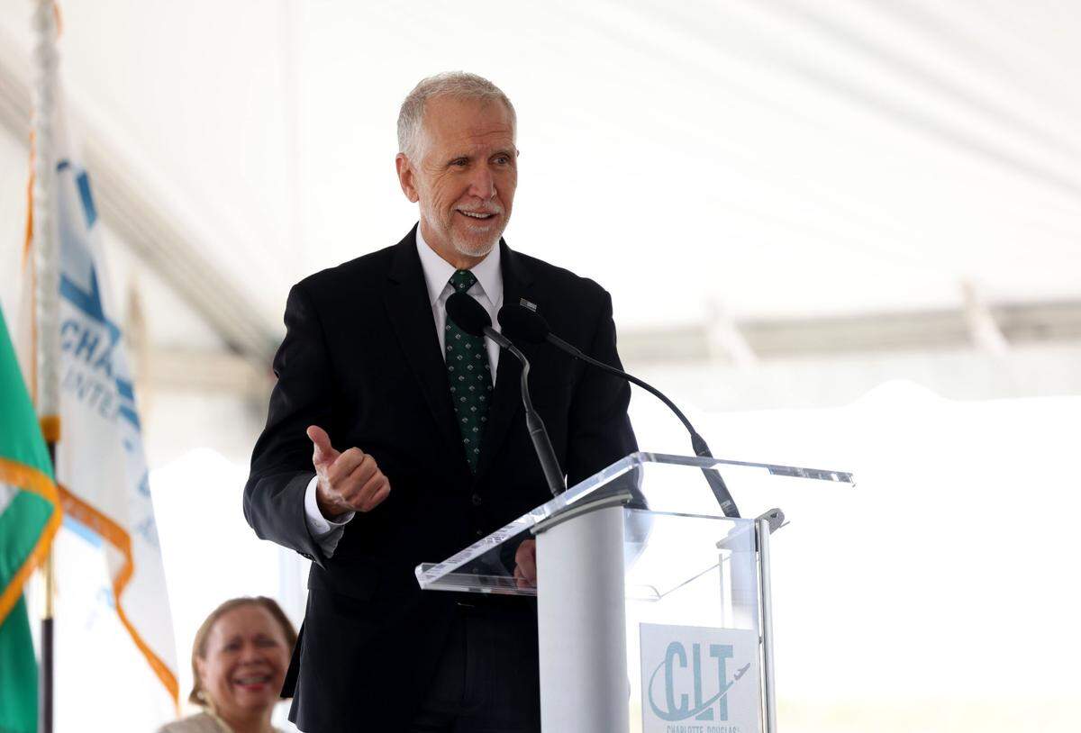 U.S. Senator Thom Tillis speaks during the Charlotte Douglas International Airport groundbreaking of Fourth Parallel Runway Friday morning June 9, 2023 in Charlotte. The new runway - 10,000 feet long and 150 feet wide - is part of over $3.1 billion of capital improvements.