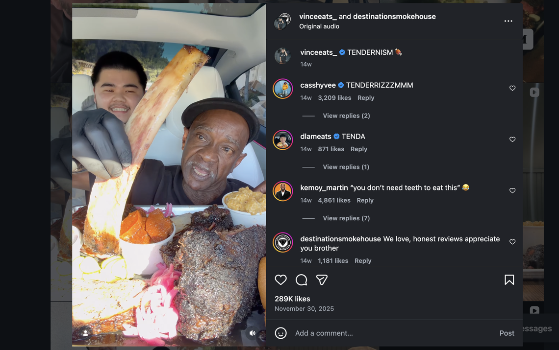 A screengrab from Destination Smokehouse’s Instagram page shows a video featuring food influencer Vince Le and Walter Johnson showing off the “tendernism” of a giant beef rib.