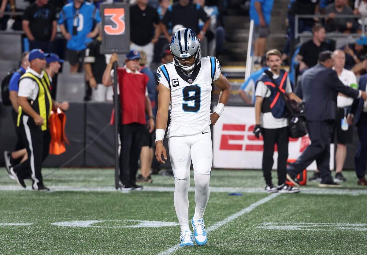 Carolina Panthers quarterback Bryce Young walks off the field after fumbling the ball in the second quarter action against the New Orleans Saints at Bank of America Stadium on Monday, September 18, 2023.