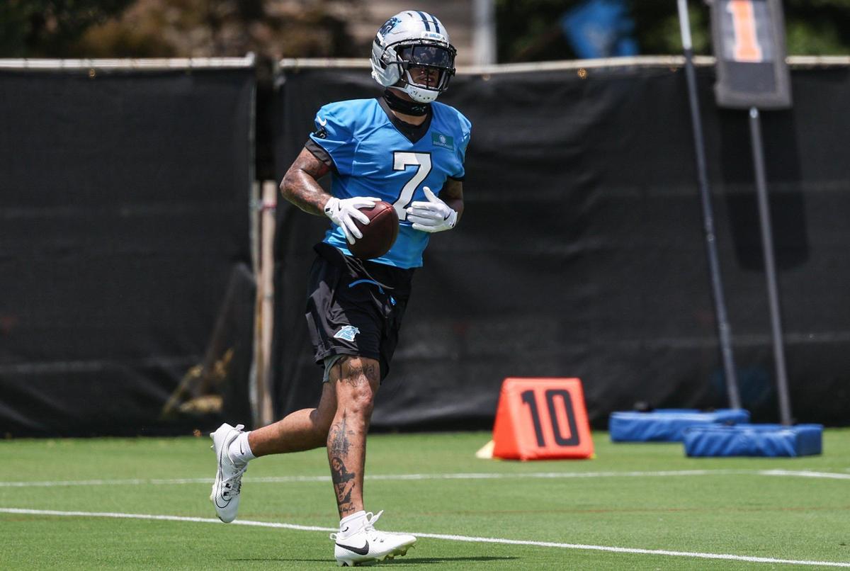 Panthers safety Tre’von Moerhig runs with the ball during the second day of minicamp in Charlotte, NC on Wednesday, June 11, 2025.