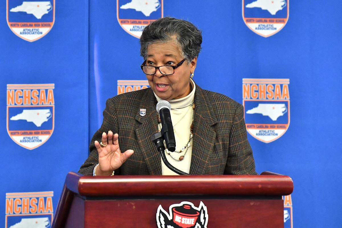 NCHSAA Commissioner Que Tucker gives her remarks at the NCHSAA Football information session. The NCHSAA held Championship Game press conference with coaches at Carter-Finley Stadium in Raleigh, N.C. on December 16, 2024.