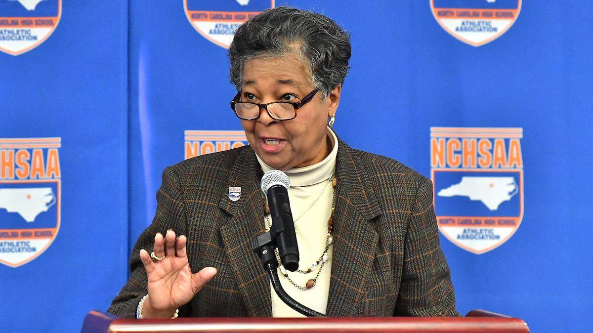 NCHSAA Commissioner Que Tucker gives her remarks at the NCHSAA Football information session. The NCHSAA held Championship Game press conference with coaches at Carter-Finley Stadium in Raleigh, N.C. on December 16, 2024.