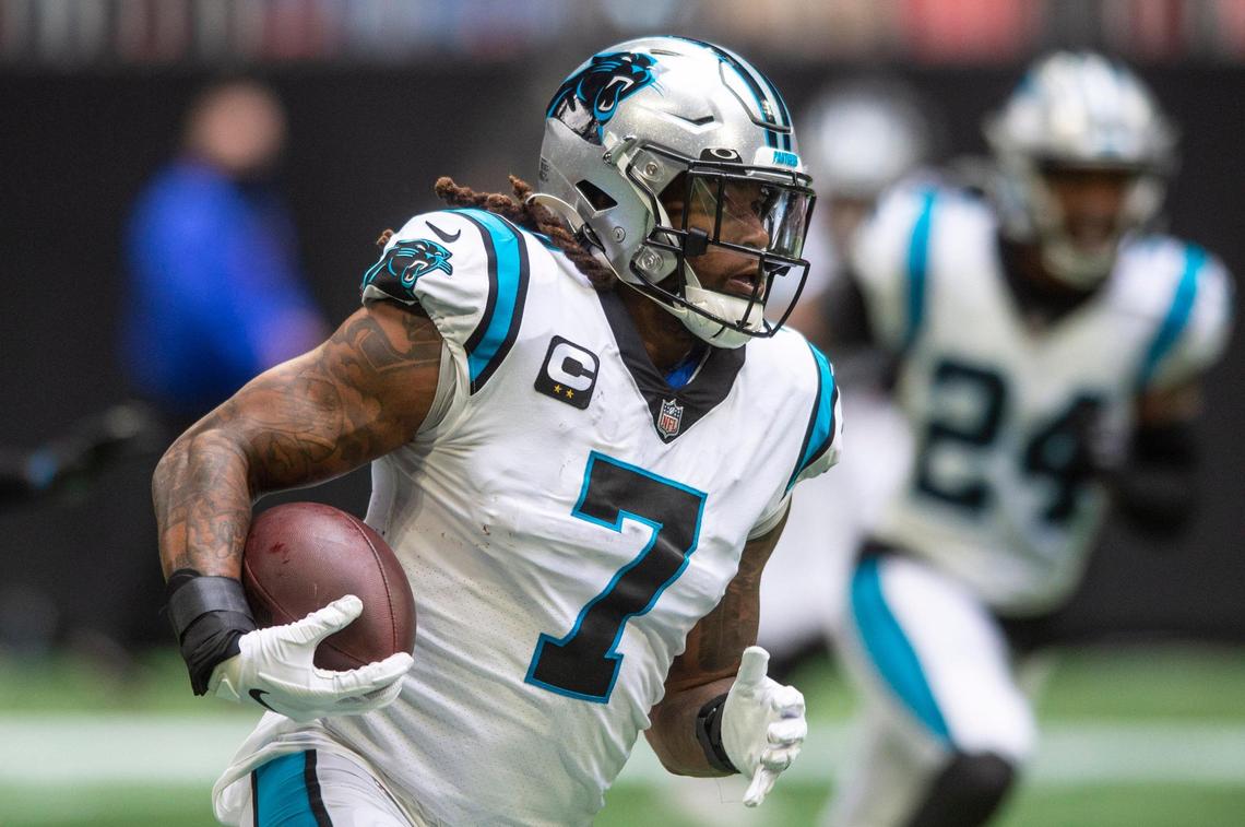 Panthers linebacker Shaq Thompson runs the ball after making an interception during the game against the Falcons at Mercedes-Benz Stadium on Sunday, October 31, 2021 in Atlanta, GA.