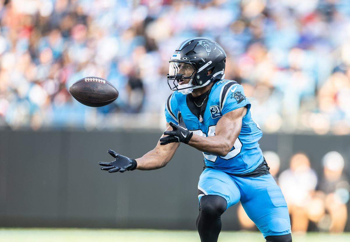 Carolina Panthers running back Chuba Hubbard catches a pass against the Atlanta Falcons at the Bank of America Stadium in Charlotte, N.C. on Sunday, October 13, 2024.