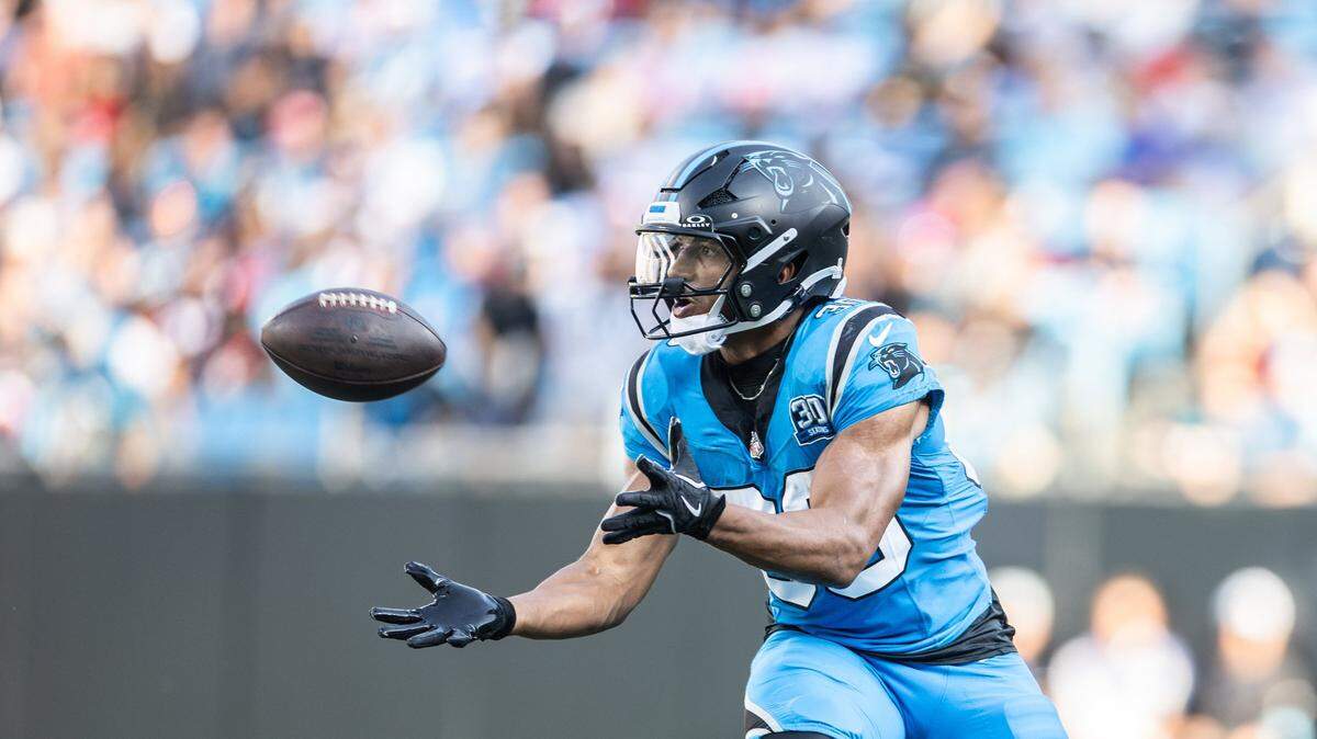 Carolina Panthers running back Chuba Hubbard catches a pass against the Atlanta Falcons at the Bank of America Stadium in Charlotte, N.C. on Sunday, October 13, 2024.