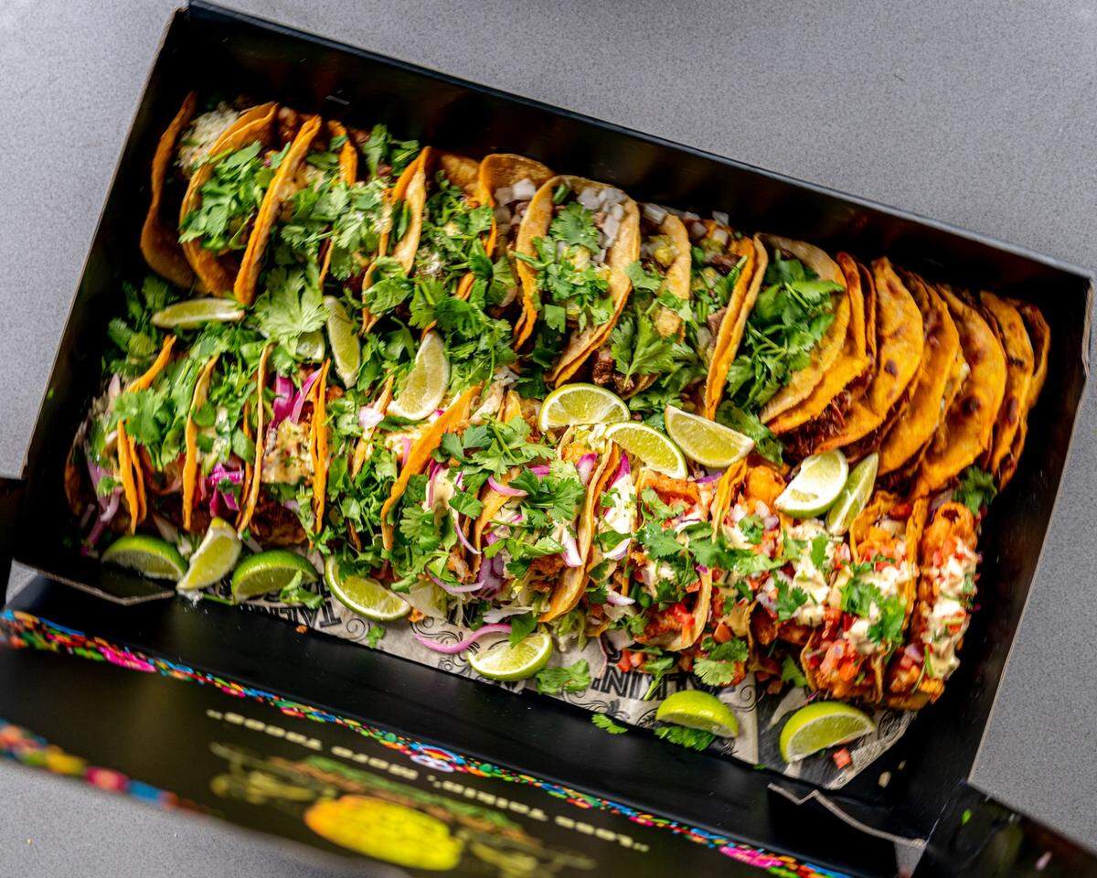 Talkin’ Tacos offers a party platter of 30 tacos, and you can select up to five flavors.