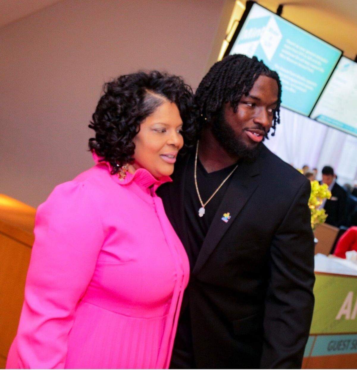 Carolina Panthers tight end Ian Thomas and Autism Charlotte executive director Valerie Iseah at the non-profit’s annual “Couture for a Cause” event at the Mint Muesum in Uptown Charlotte.