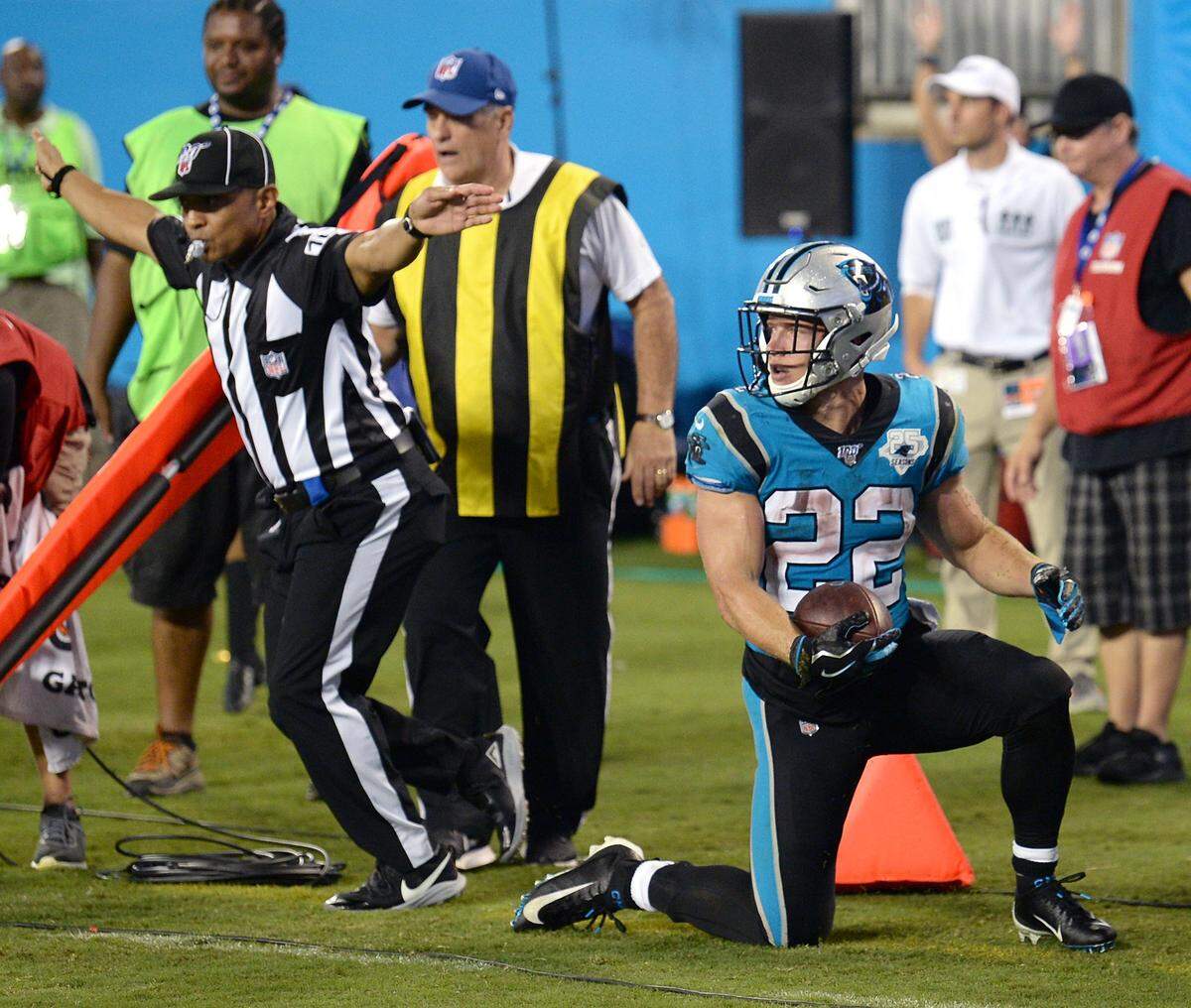 Carolina Panthers running back Christian McCaffrey looks back to see the officials call after diving toward the pylon in an effort to keep the drive alive vs the Tampa Bay Buccaneers during late fourth quarter action at Bank of America Stadium on Friday, September 13, 2019.