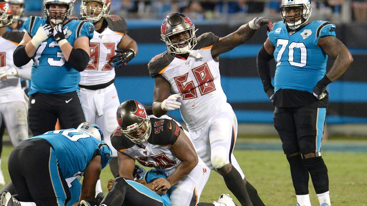 Tampa Bay linebacker Shaquil Barrett (58) had three sacks in the Bucaneers’ Week 2 win over the Panthers.