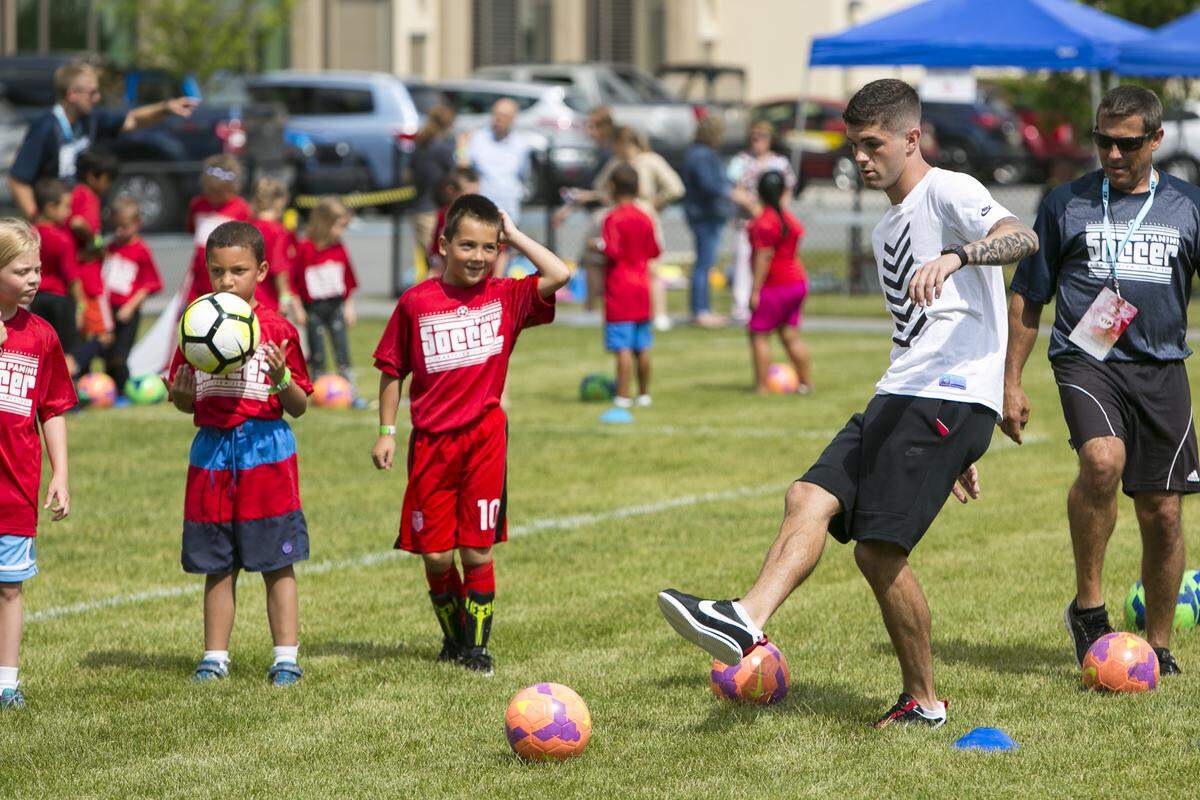 US Soccer star Christian Pulisic joined forces with Panini America and Hershey for a special youth soccer clinic in his hometown of Hershey, Pa. on Thursday, June 28, 2018. (Mark Stehle/AP Images for Panini America)