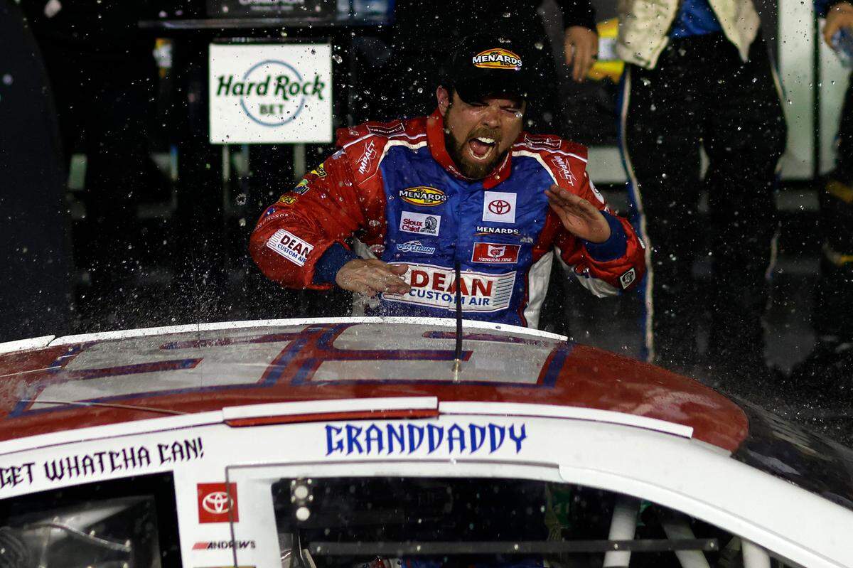 Feb 16, 2024; Daytona Beach, Florida, USA; ARCA Series driver Gus Dean (55) reacts after winning the Daytona ARCA 200 at Daytona International Speedway.