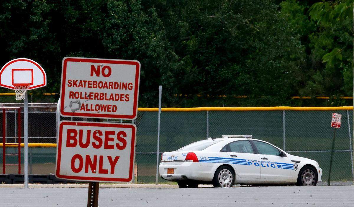A Charlotte-Mecklenburg Police vehicle is seen at Quail Hollow Middle School on Wednesday, May 25, 2022. Following Tuesday’s shooting at a Texas school, CMPD said it will increase patrols around elementary schools.