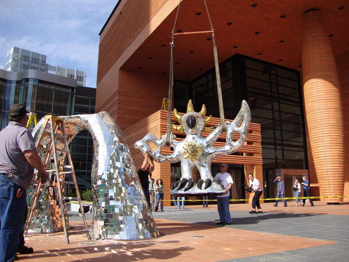 Part of the Firebird sculpture installation in October 2009. Its vitals: Height: 17 feet, 5 inches; Width: 11 feet; Weight: 1,433 pounds.
