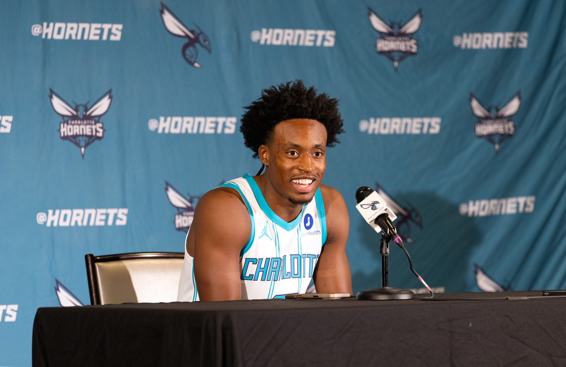 Collin Sexton, point guard for the Charlotte Hornets, speaks to reporters during the team's media day.