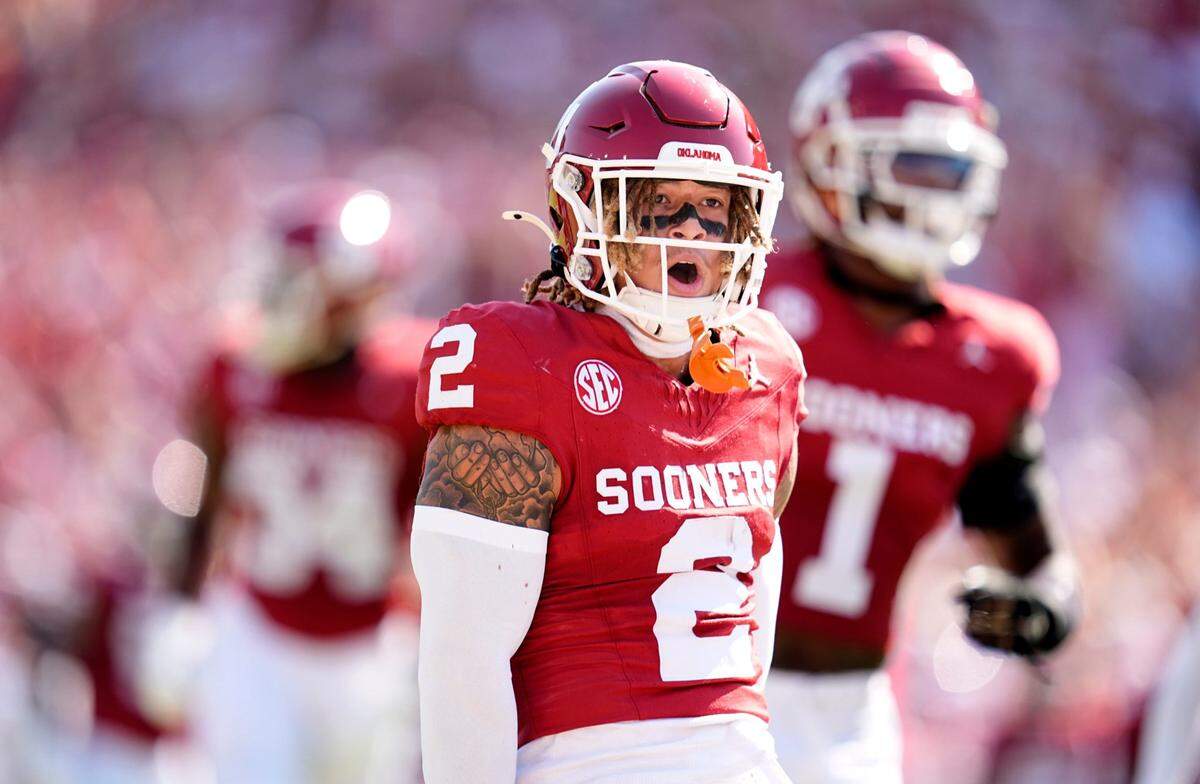 Oklahoma Sooners defensive back Billy Bowman Jr. (2) celebrates an interception in the first half of the Red River Rivalry college football game between the University of Oklahoma Sooners and the Texas Longhorn at the Cotton Bowl Stadium in Dallas, Texas, Saturday, Oct., 12, 2024.