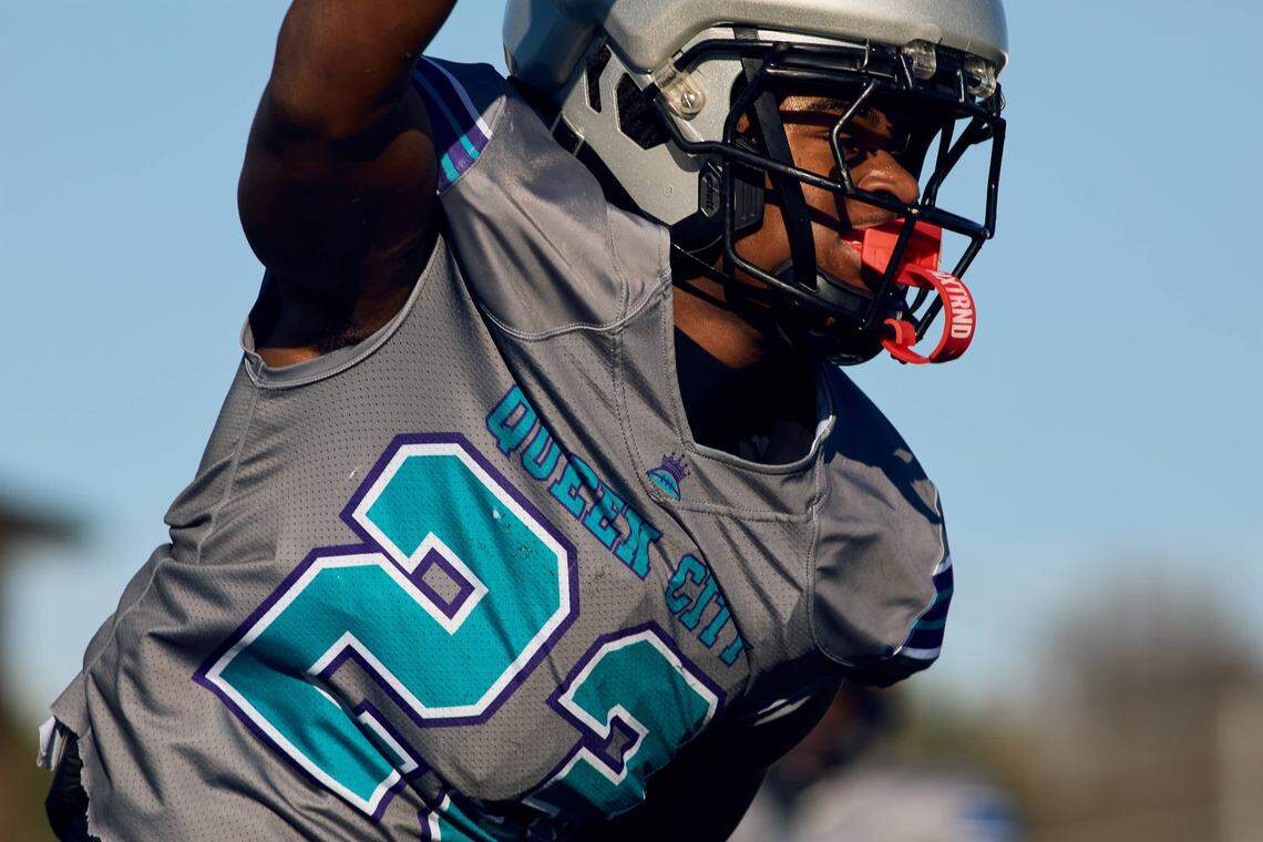 Butler DB Elijah Sellers (23) celebrates his interception during the second half of the Queen City Senior Bowl hosted at Olympic High School.