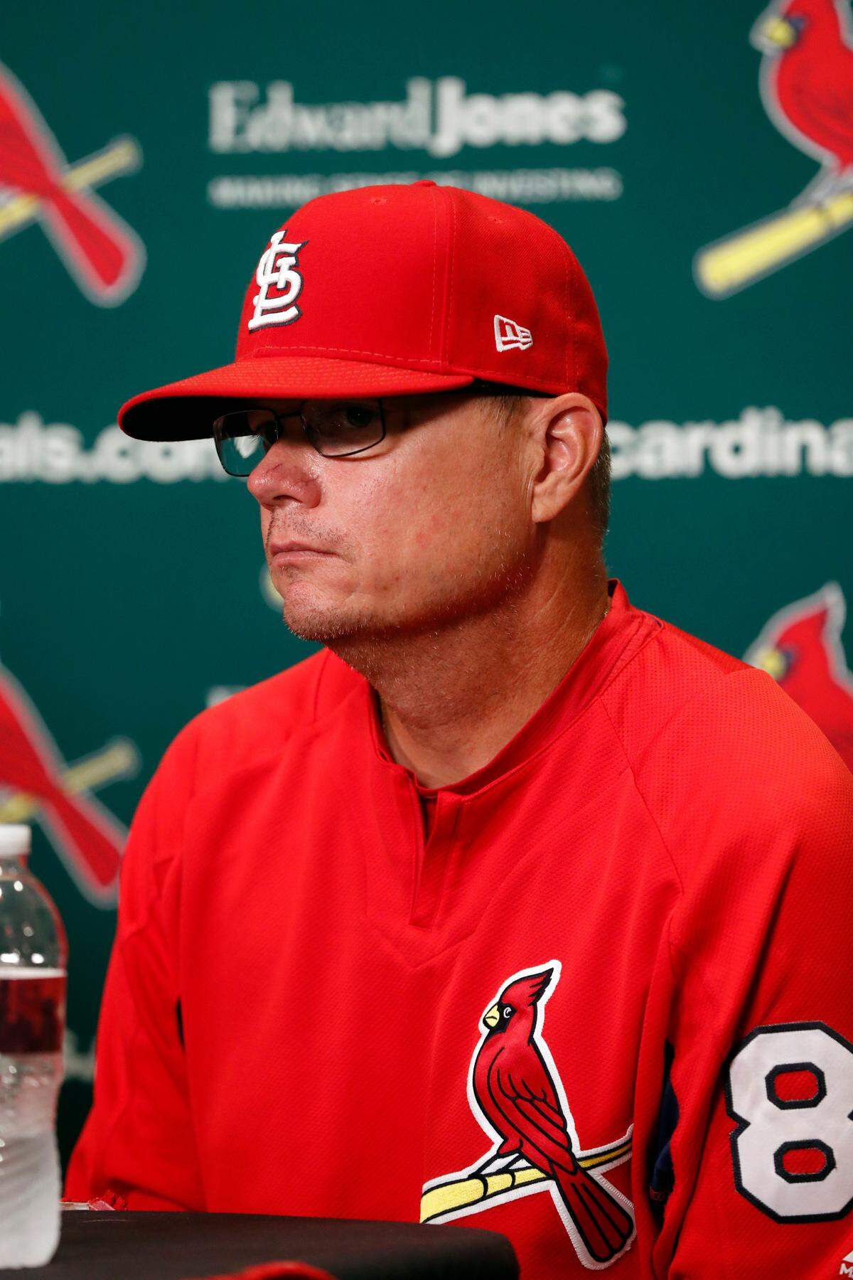 St. Louis Cardinals interim manager Mike Shildt takes part in a news conference to discus the firing of Cardinals manager Mike Matheny before a baseball game between the Cardinals and Cincinnati Reds Sunday, July 15, 2018, in St. Louis. The Cardinals fired Matheny after an 8-2 loss to the Cincinnati Reds on Saturday night with the team hovering around .500. (AP Photo/Jeff Roberson)