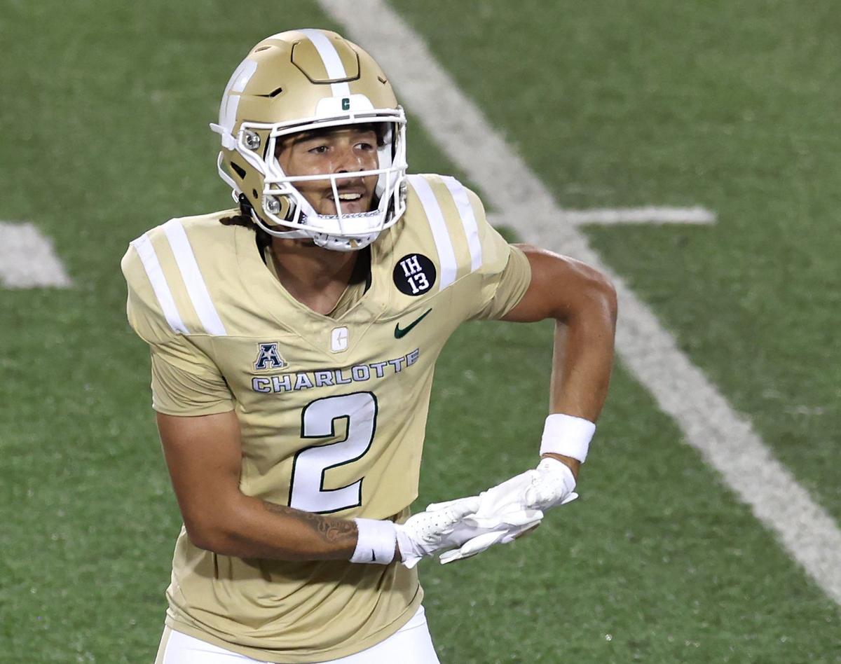 Charlotte 49ers wide receiver Isaiah Myers celebrates his touchdown pass reception against James Madison University on Saturday, August 31, 2024 at Jerry Richardson Stadium.