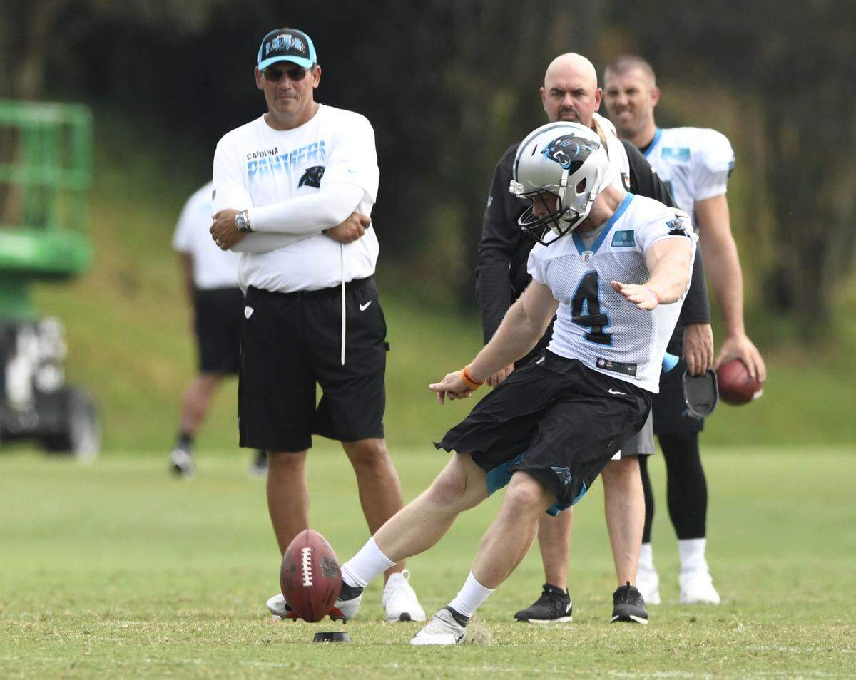 Carolina Panthers kicker Joey Slye (4) was brought in as just a camp leg, but after going 6-for-6 in the preseason, has made it difficult for the Panthers to cut him.