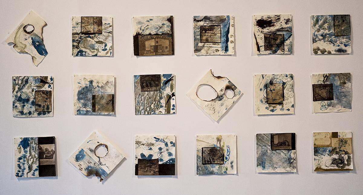 This is Malik Norman’s “Ebb and Flow of Rural Black Spaces” installation, a visual essay that reflects upon Western Union Park, the rural Union County community where he grew up. Norman combined various techniques to create visual essays about Black rural/farm life and reframe the relationship of Black Americans to Southern land. The piece now hangs in the restaurant at the new UNCC Marriott.