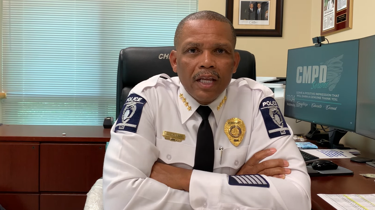 In this screenshot from Charlotte-Mecklenburg Police video on Wednesday, June 29, 2022, Chief Johnny Jennings discusses the “unacceptable” bond amount set for the suspect in the shooting of an officer.