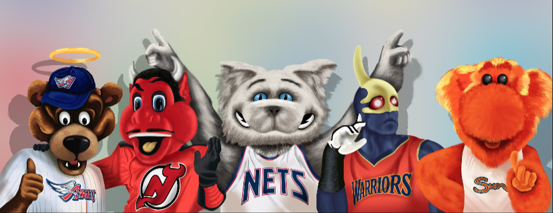 Miguel Vargas, the director of entertainment for the Carolina Panthers, had a long career as a costumed mascot for sports teams before his current role. He had this painting made to signify the five roles he played the most, which from left to right were: Clutch the Bear (MLB’s Anaheim Angels); NJ Devil (NHL’s New Jersey Devils); Sly the Fox (NBA’s New Jersey Nets); Thunder (NBA’s Golden State Warriors) and Blaze (WNBA’s Connecticut Sun).