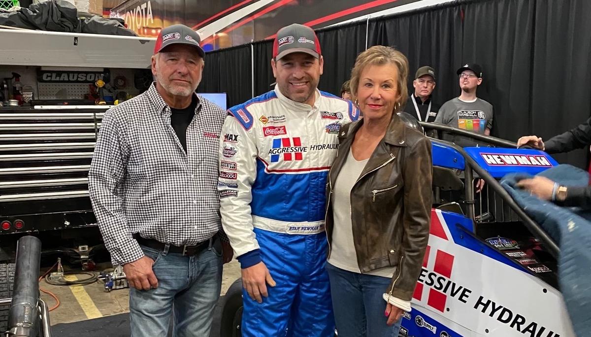 Greg Newman stands with son, Ryan, and wife, Diane, at the 2020 Chili Bowl. Greg was a Cup spotter for Ryan for many year of his NASCAR career.
