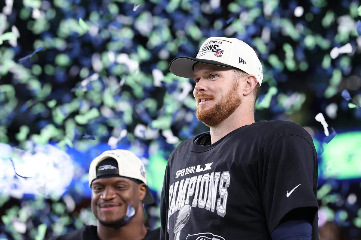 Sam Darnold of the Seattle Seahawks celebrates after defeating the New England Patriots 29-13 to win Super Bowl LX at Levi’s Stadium on Feb. 8, 2026, in Santa Clara, California.