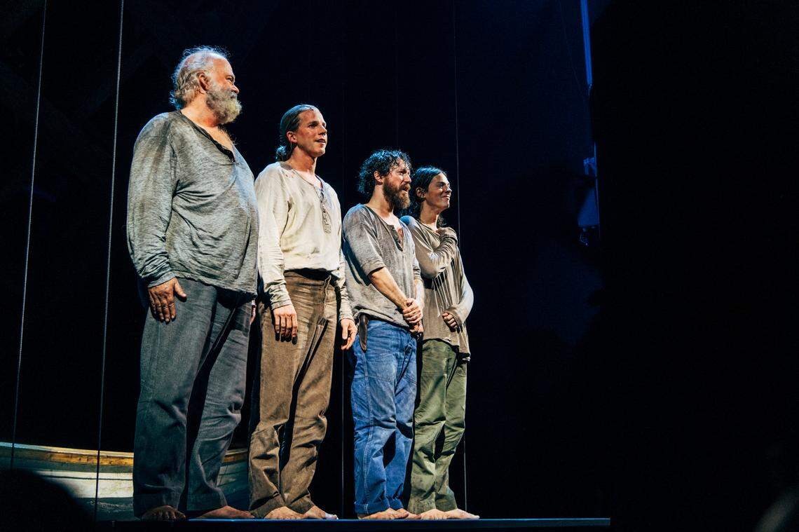 “Swept Away” lead actors Wayne Duvall, (”Captain”), Stark Sands, (”Big Brother”), John Gallagher Jr., (”Mate”) and Adrian Blake Enscoe, (Little Brother”) at curtain call on opening night Nov. 19, 2024, at the Longacre Theatre.