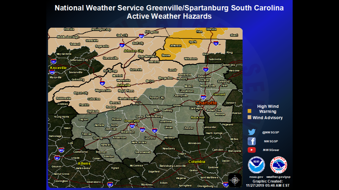 Rain will move through the area today ahead of a cold front, and NC can expect windy conditions Wednesday into Thanksgiving, especially in the NC mountains. A wind advisory has been issued.