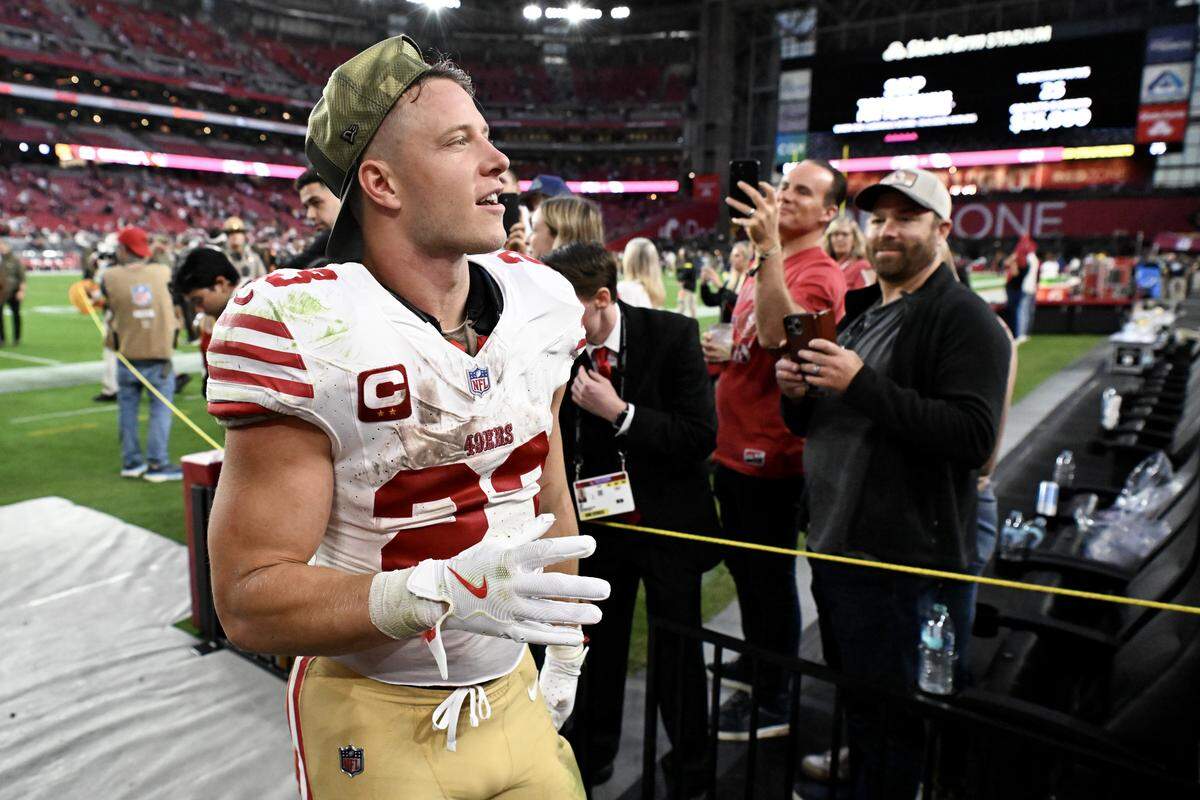 Christian McCaffrey of the San Francisco 49ers, formerly of the Carolina Panthers, leaves the field after the game against the Arizona Cardinals at State Farm Stadium on November 16, 2025 in Glendale, Arizona.