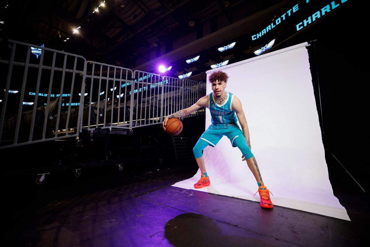 Charlotte Hornets guard LaMelo Ball poses for a portrait during media day at Spectrum Center on Sept. 26, 2022.