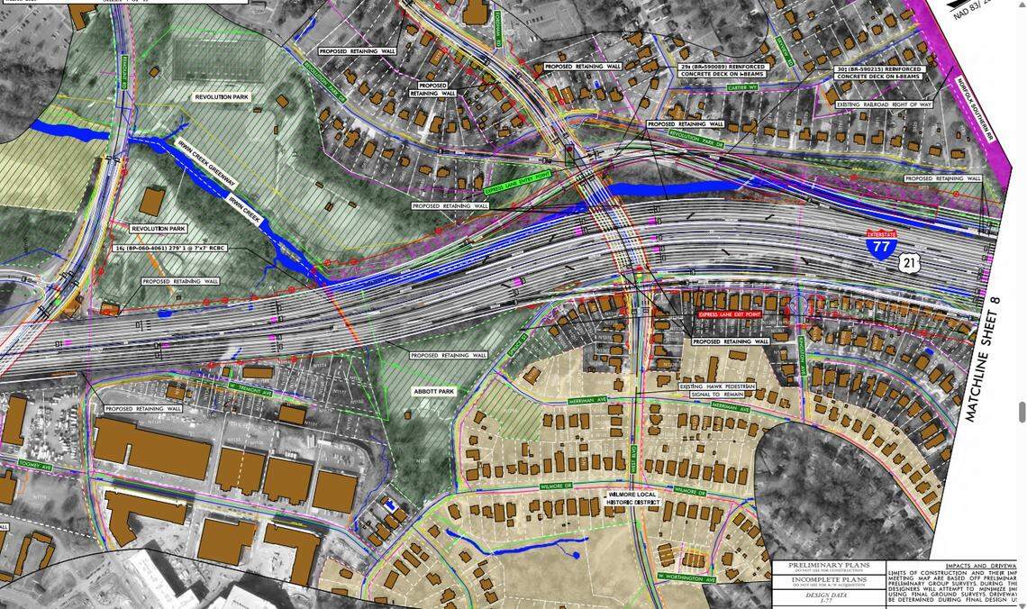 A proposed map of how elevated toll lanes would like for the North Carolina Department of Transportation’s I-77 South Express Lanes project in the Wilmore neighborhood. It’s unclear how many homes would be impacted by the project.