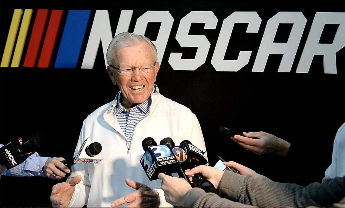 Former NFL head coach and NASCAR team owner Joe Gibbs laughs as he recounts a moment from his NASCAR career on Thursday. Gibbs will be inducted into the NASCAR Hall of Fame Friday along with Tony Stewart, Bobby Labonte, Waddell Wilson and Buddy Baker.